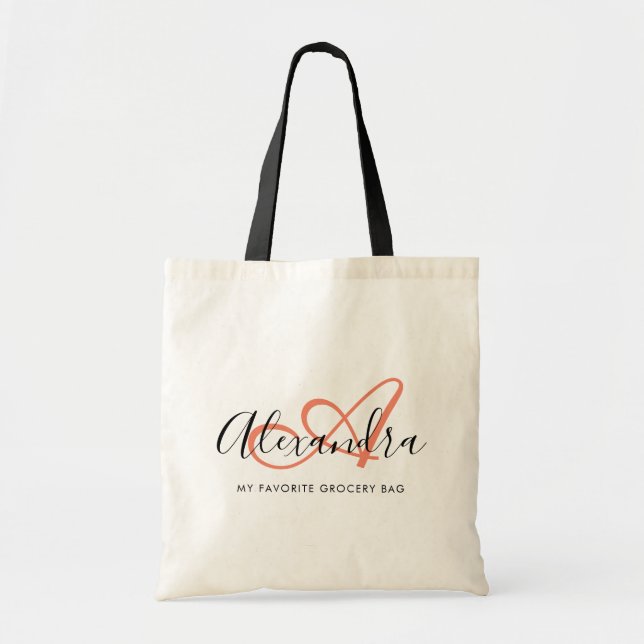 Girly Coral Pink Elegant Script Name Monogram Tote Bag (Front)