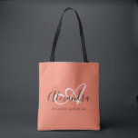 Girly Coral Pink White Elegant Script Monogram Tote Bag<br><div class="desc">Personalize your beautiful monogrammed trendy coral Grocery Tote Bag! The text below may be personalized to your preferred sentence or even your full name; you can also delete it if you prefer. If you need help, please let us know at belytaliarecipes@gmail.com, and we will be glad to assist you. ©...</div>