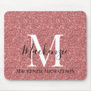 Girly Coral Red Glitter Monogram Name Mouse Pad