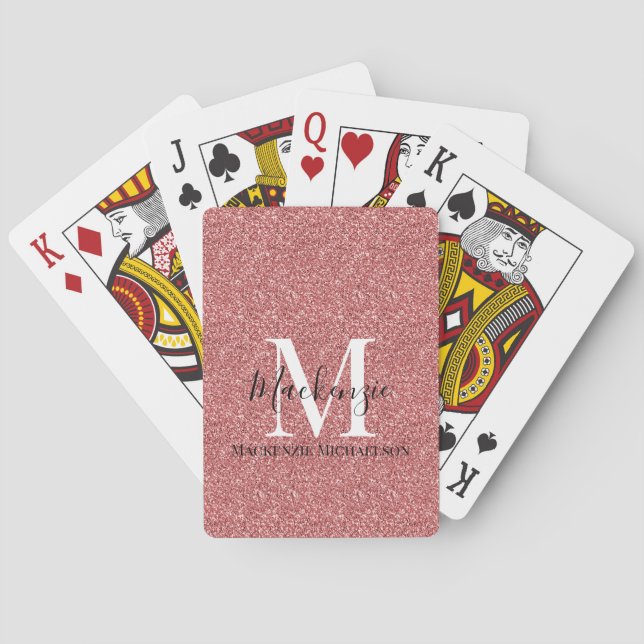 Girly Coral Red Glitter Monogram Name Playing Cards (Back)