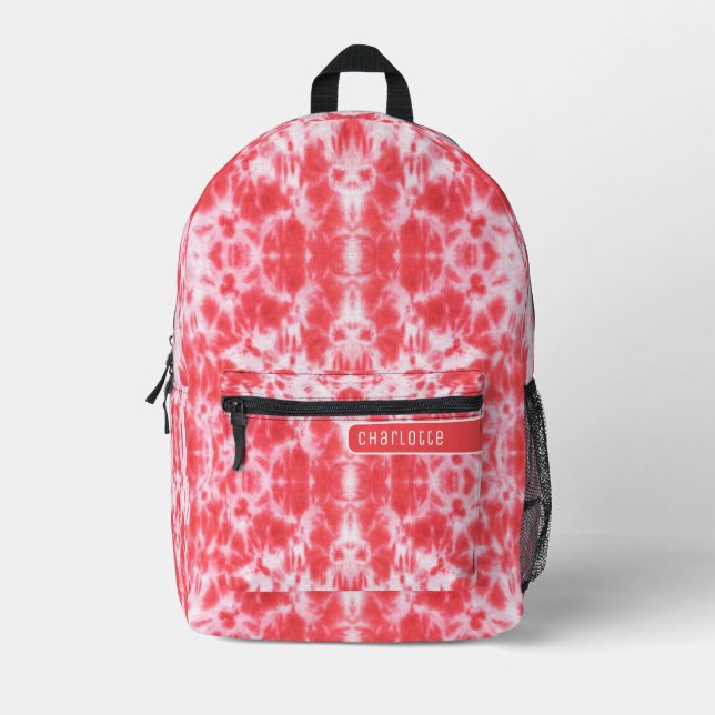 Girly Coral Red & White Shibori Pattern Cool Teens Printed Backpack (Front)