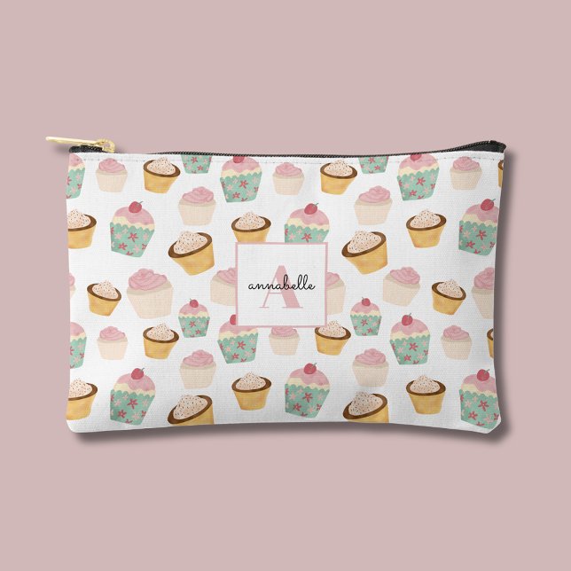 Girly Cupcake monogram cosmetic Accessory Pouch (Cupcake zipper pouch for cosmetic bag or accessories)