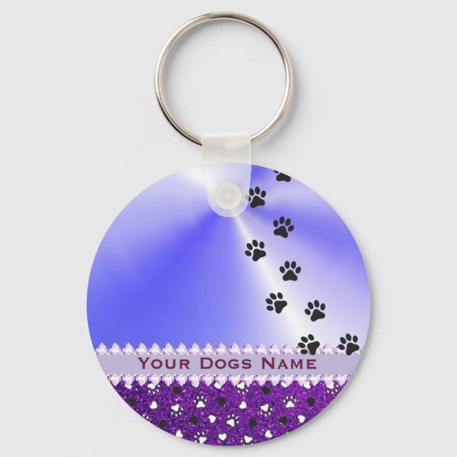 Girly Customized Dog Paw Print & Glitter Keychain (Front)