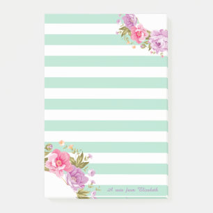 Girly Cute Floral ,Mint Green Striped,Personalized Post-it Notes