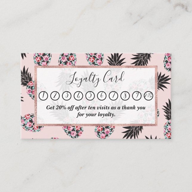Girly Cute Floral Pink Black Pineapple Pattern Loyalty Card (Front)