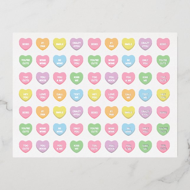 Girly cute fun custom conversation candy hearts foil holiday postcard (Front)