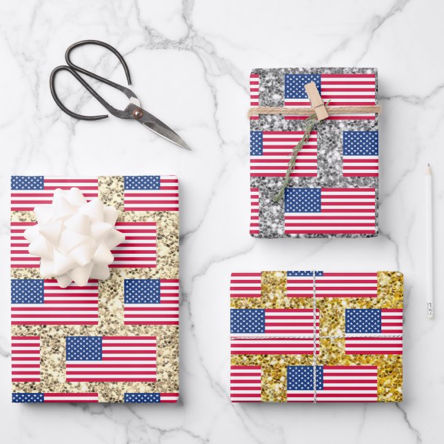 Girly Cute Fun Glitter Patriotic American USA Flag Wrapping Paper Sheet (Front)
