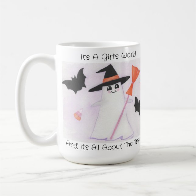 Girly Cute Ghost with bats and candy corn Coffee Mug (Left)
