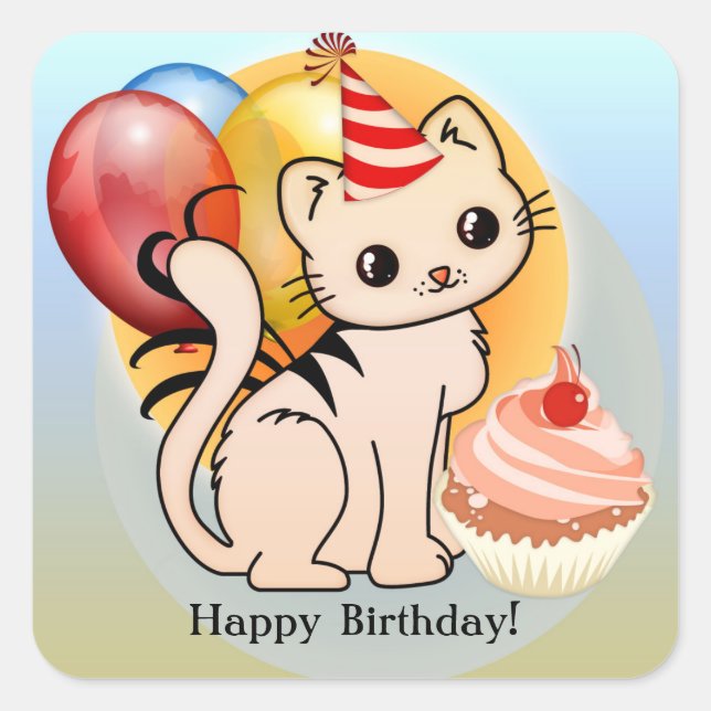 Girly Cute Kitty Happy Birthday Stickers (Front)