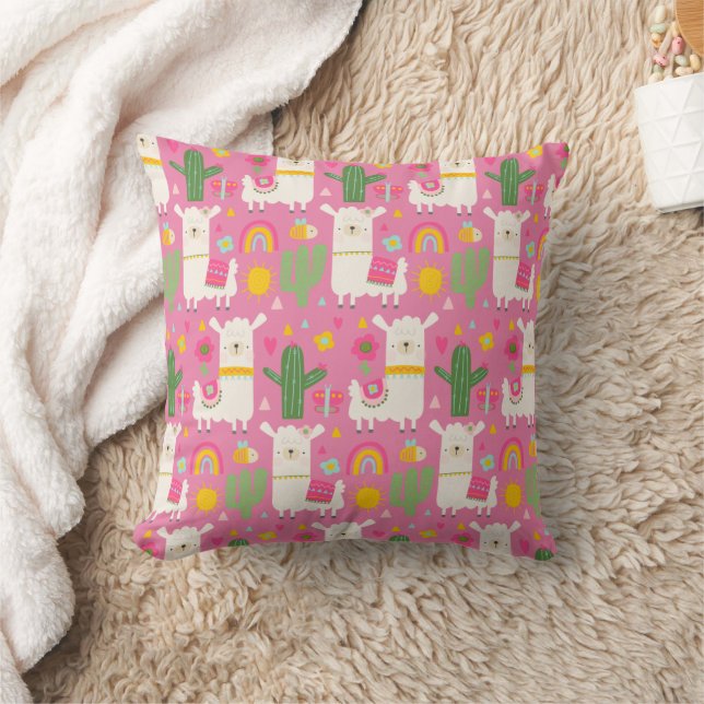 Girly Cute Llamas Green Cactus Rainbows Pink Throw Pillow (Blanket)