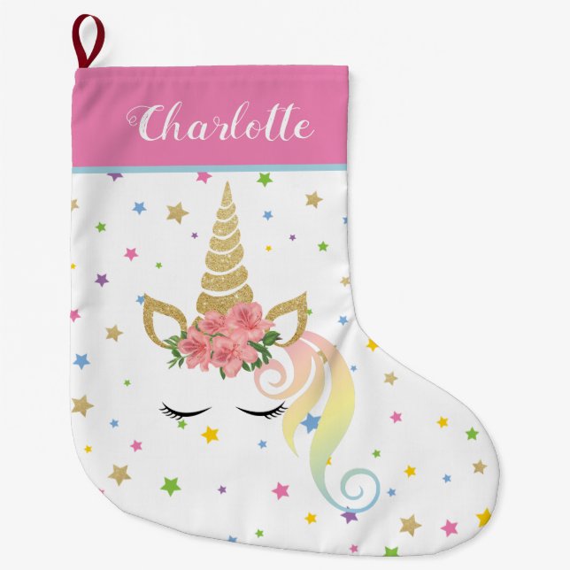 Girly Cute Magical Unicorn Personalized Large Christmas Stocking (Front)