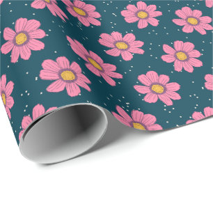 Girly Cute Modern Blue Pink Floral Flowers Wrapping Paper