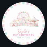 Girly Cute Pastel Carnival Circus Kids Birthday Classic Round Sticker<br><div class="desc">This is a pastel-coloured carnival-themed birthday for any age kid's birthday party. he design features soft pastel colours in shades of pink, green, yellow, and blue to make it more girly and feminine. The main elements of the paper plate kids include a circus tent, carousel and ferris wheel all illustrated...</div>