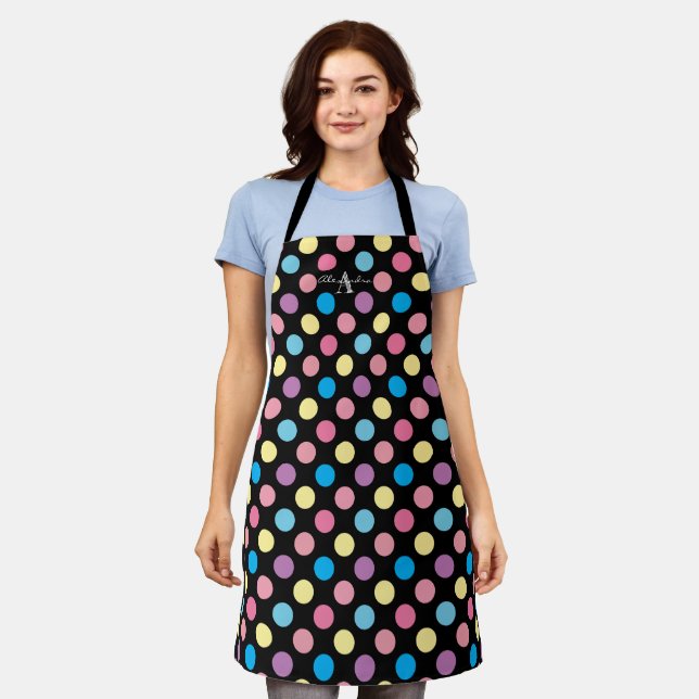 Girly Cute Pastel Polka Dots Typography Monogram Apron (Worn)