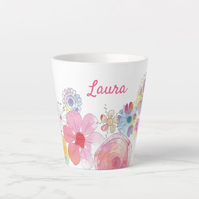 Girly Cute Personalized Floral Watercolor Latte Mug (Front)