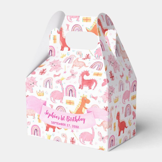 Girly Cute Pink Baby Dinosaur Kids Birthday Favor Box (Front Side)