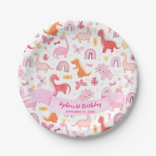 Girly Cute Pink Baby Dinosaur Kids Birthday Paper Plate