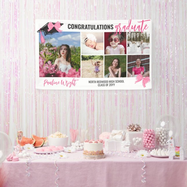 Girly Cute Pink Bows 7 Photos Congrats Graduate Banner (Party)