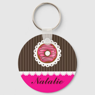 Girly Cute Pink & Brown Doughnut Personalized Name Keychain