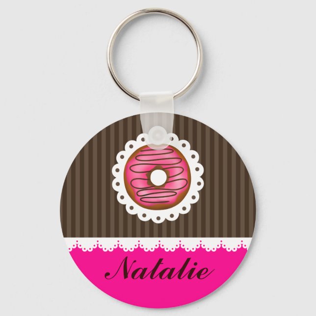 Girly Cute Pink & Brown Doughnut Personalized Name Keychain (Front)