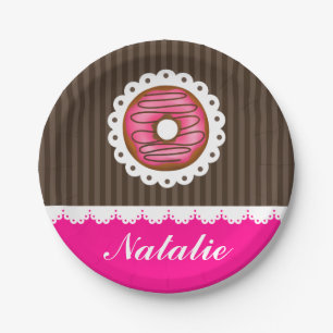Girly Cute Pink & Brown Doughnut Personalized Name Paper Plate