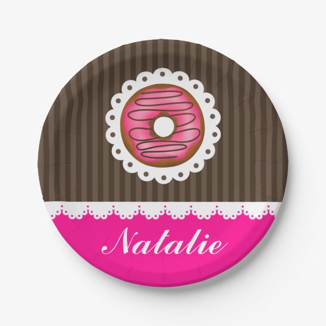Girly Cute Pink & Brown Doughnut Personalized Name Paper Plate (Front)