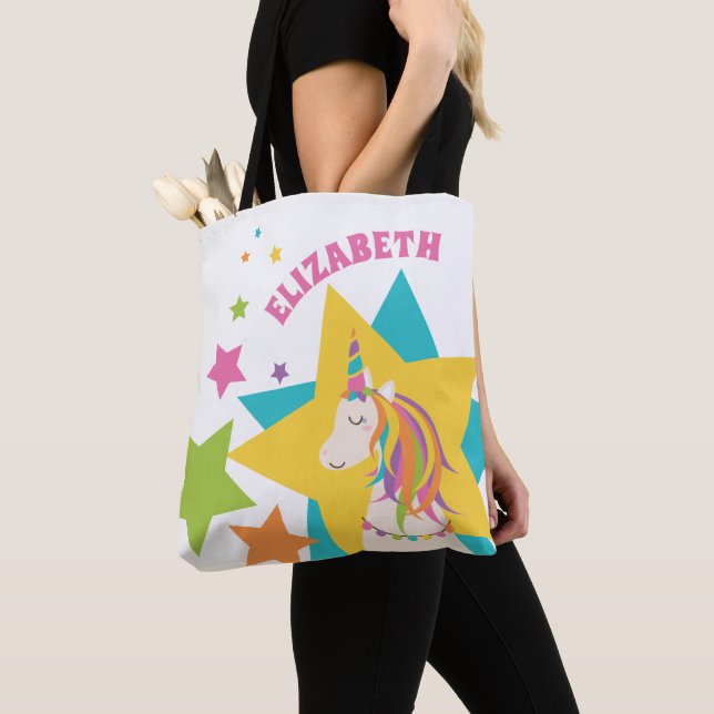 Girly Cute Rainbow Unicorn Stars Add Your Name Tote Bag (Close Up)
