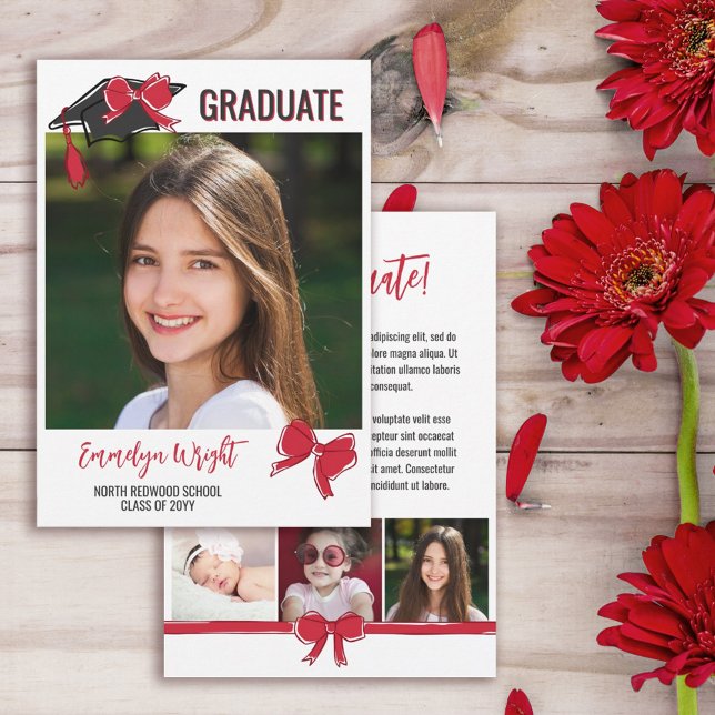 Girly Cute Red Bows Photos Graduation Announcement (Creator Uploaded)