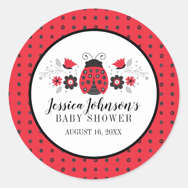 Girly Cute Red Ladybug Baby Shower Classic Round Sticker (Front)