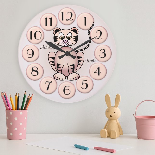 Girly Cute Tiger Pink Princess Wall Clock (Lovely wall clock for a girls room or nursery featuring a cute big cat tiger image in girly pink)