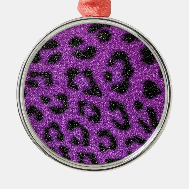 Girly Cute Trendy Purple Glitter Cheetah print Metal Ornament (Front)