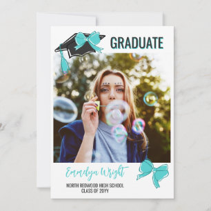 Girly Cute Turquoise Bows Photos Graduation Announcement
