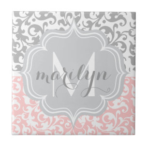 Girly Damask Swirls Pink and Grey Monogrammed Tile