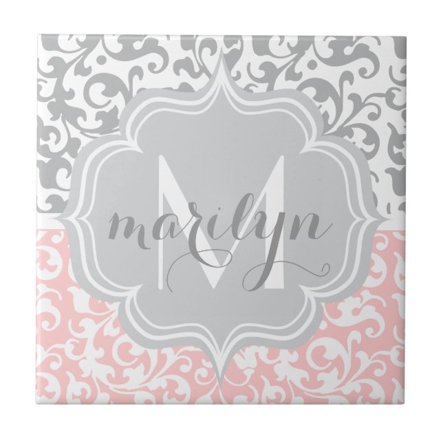Girly Damask Swirls Pink and Grey Monogrammed Tile (Front)