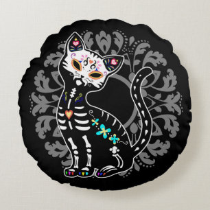 Girly Day of the Dead cute cat custom monogram Round Pillow