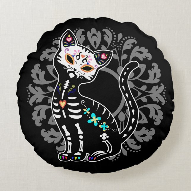 Girly Day of the Dead cute cat custom monogram Round Pillow (Front)