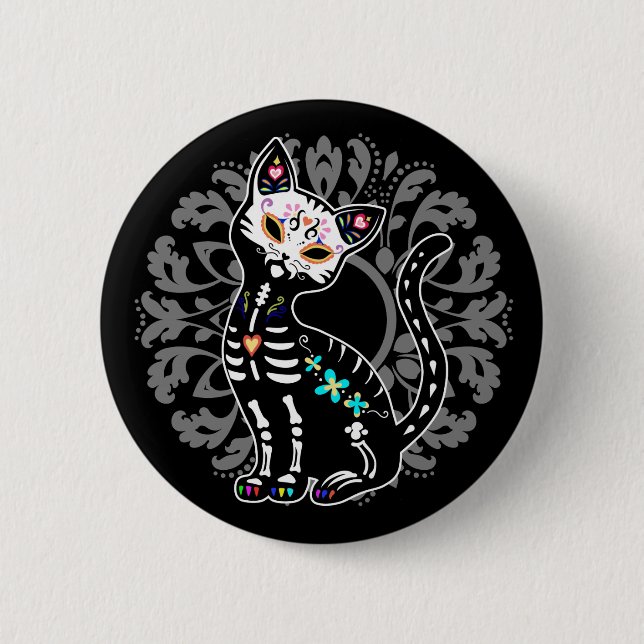 Girly Day of the Dead cute skeleton cat custom 2 Inch Round Button (Front)
