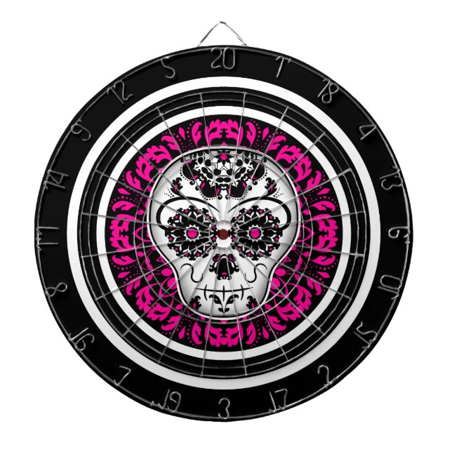 Girly Day of the dead sugar skull hot pink accents Dartboard (Front)