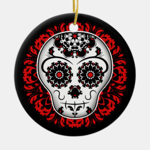 Girly day of the dead sugar skull red and black ceramic ornament