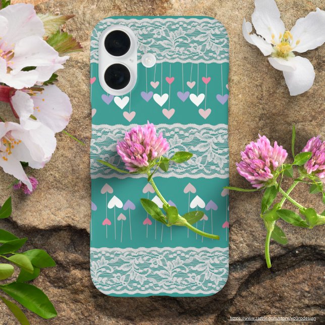 Girly decorated heart pattern with lace Turquoise Case-Mate iPhone Case (Creator Uploaded)