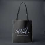 Girly Denim Blue Elegant Script Name Monogram Tote Bag<br><div class="desc">Personalize your beautiful monogrammed trendy black Grocery Tote Bag! The text below may be personalized to your preferred sentence or even your full name; you can also delete it if you prefer. If you need help, please let us know at belytaliarecipes@gmail.com, and we will be glad to assist you. ©...</div>