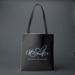 Girly Denim Blue Elegant Script Name Monogram Tote Bag<br><div class="desc">Personalize your beautiful monogrammed trendy black Grocery Tote Bag! The text below may be personalized to your preferred sentence or even your full name; you can also delete it if you prefer. If you need help, please let us know at belytaliarecipes@gmail.com, and we will be glad to assist you. ©...</div>