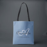 Girly Denim Blue Trendy Elegant Script Monogram Tote Bag<br><div class="desc">Personalize your beautiful monogrammed trendy denim blue Grocery Tote Bag! The text below may be personalized to your preferred sentence or even your full name; you can also delete it if you prefer. If you need help, please let us know at belytaliarecipes@gmail.com, and we will gladly assist you. © Belytalia...</div>