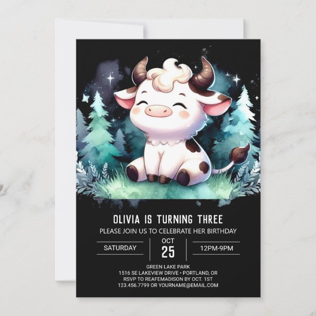 Girly Digital Cow Birthday Invitation (Front)