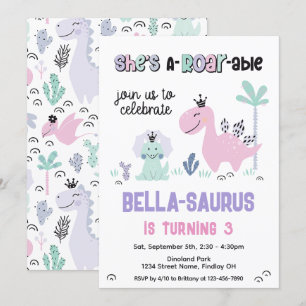 Girly Dinosaur A-Roar-able Birthday Party Any Age Invitation