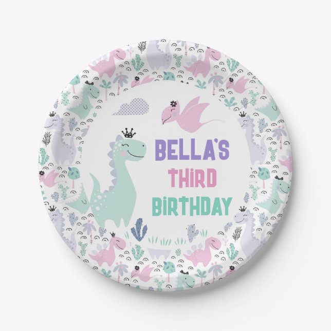 Girly Dinosaur A-Roar-able Birthday Party Any Age Paper Plate (Front)