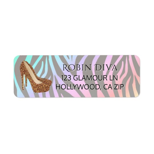 Girly Diva Rainbow Zebra Gold Glam High Heel Shoes Return Address Label