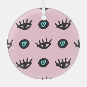 Girly Doodle: Eyes Hearts Seamless. Glass Ornament