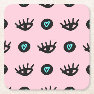 Girly Doodle: Eyes Hearts Seamless. Square Paper Coaster