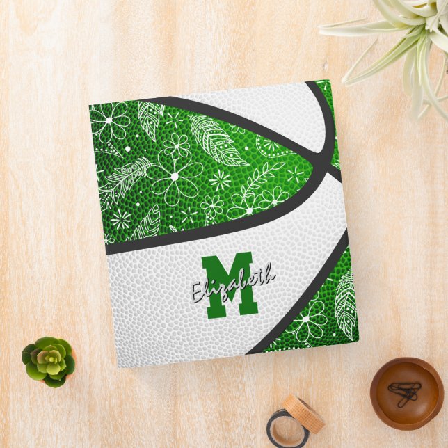 Girly doodle pattern green white basketball binder (In Situ)